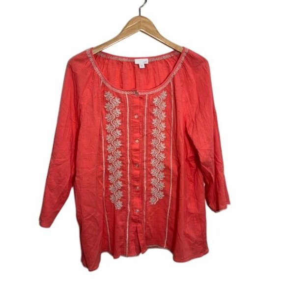 EUC J. Jill Coral XL Embroidered Button Front Top XL Missy 3/4-Sleeve - Picture 2 of 10
